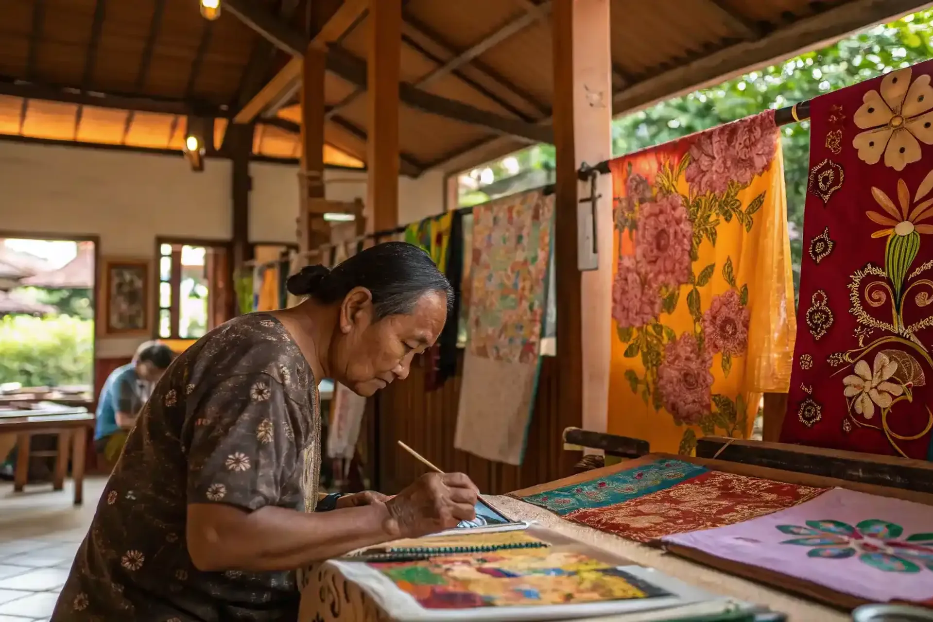 A Balinese artisan hand-painting batik at a workshop table