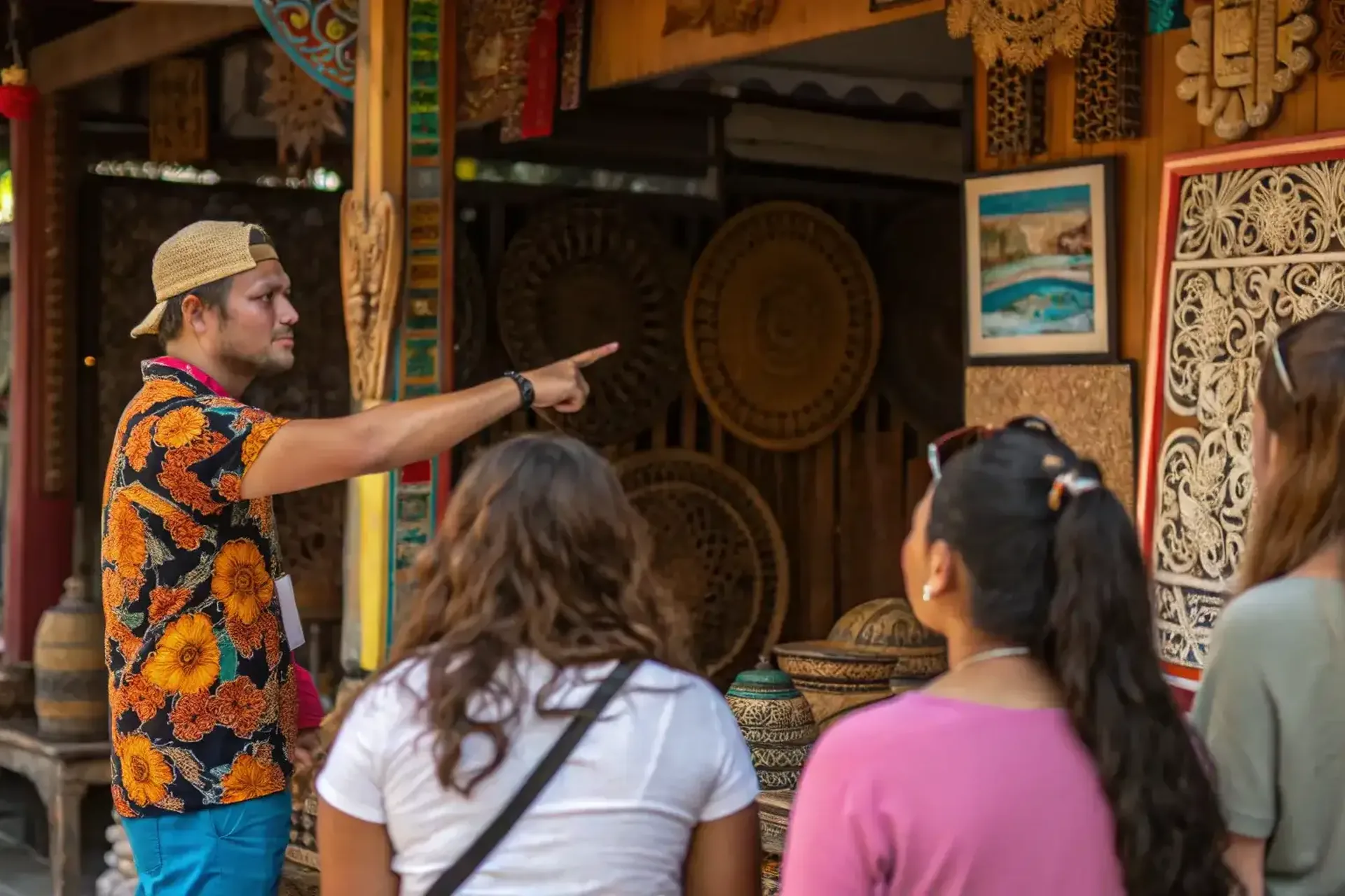 A guide showing visitors handcrafted pieces at a Balinese workshop shopfront