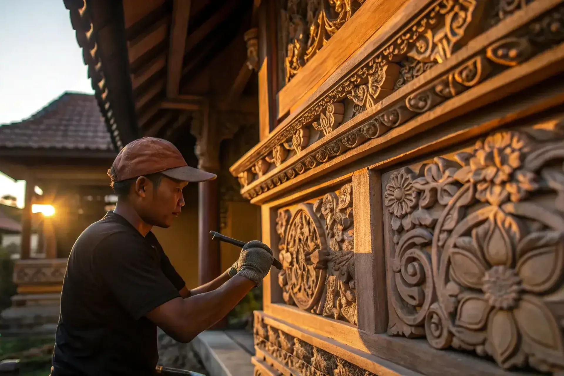 A Balinese carver working a traditional relief panel by hand