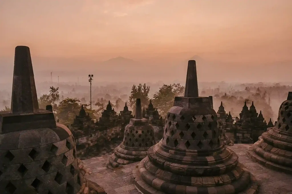 Borobudur temple at dawn near Yogyakarta
