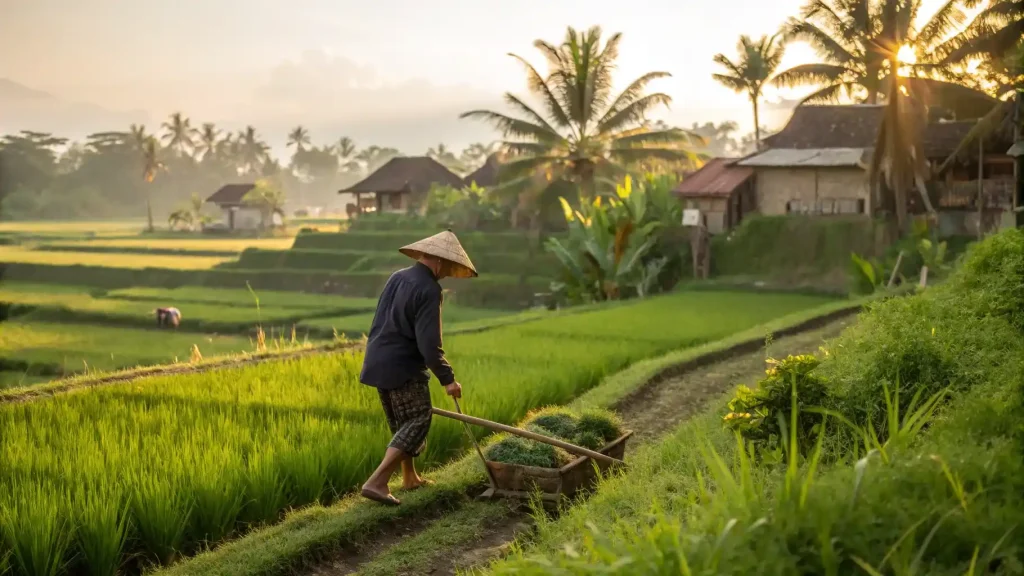 Farmer working the terraced rice fields of Bali