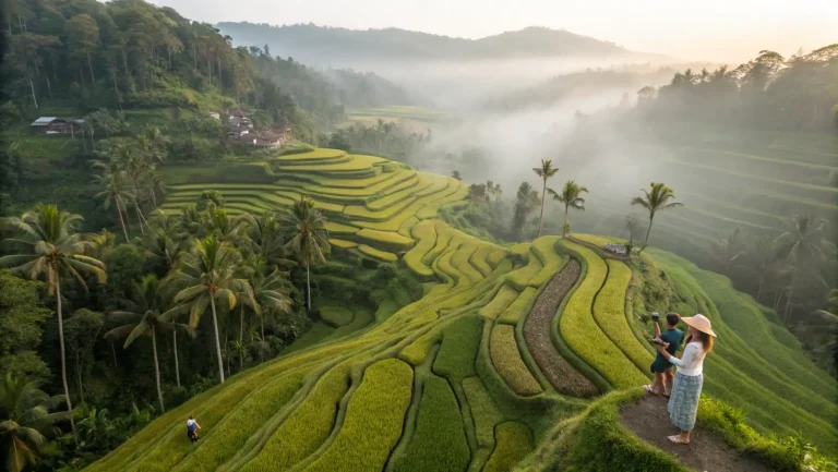 Green rice terraces in the Bali dry season