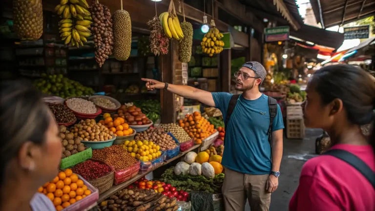 Local guide walking travellers through a Balinese market