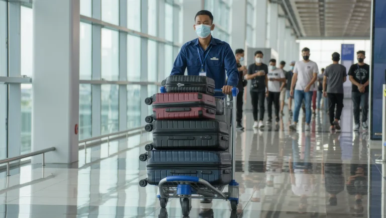 Porter handling luggage trolleys at Bali airport
