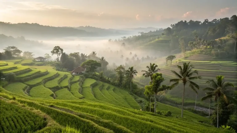 Terraced rice fields at sunrise in Tabanan, Bali