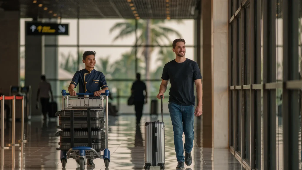 Traveller with luggage trolley in the Bali airport terminal