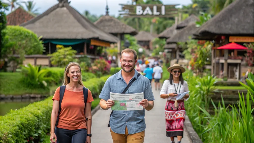 Travellers exploring a traditional Balinese village