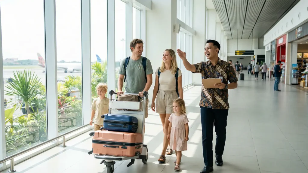 Family with young children arriving at Bali airport