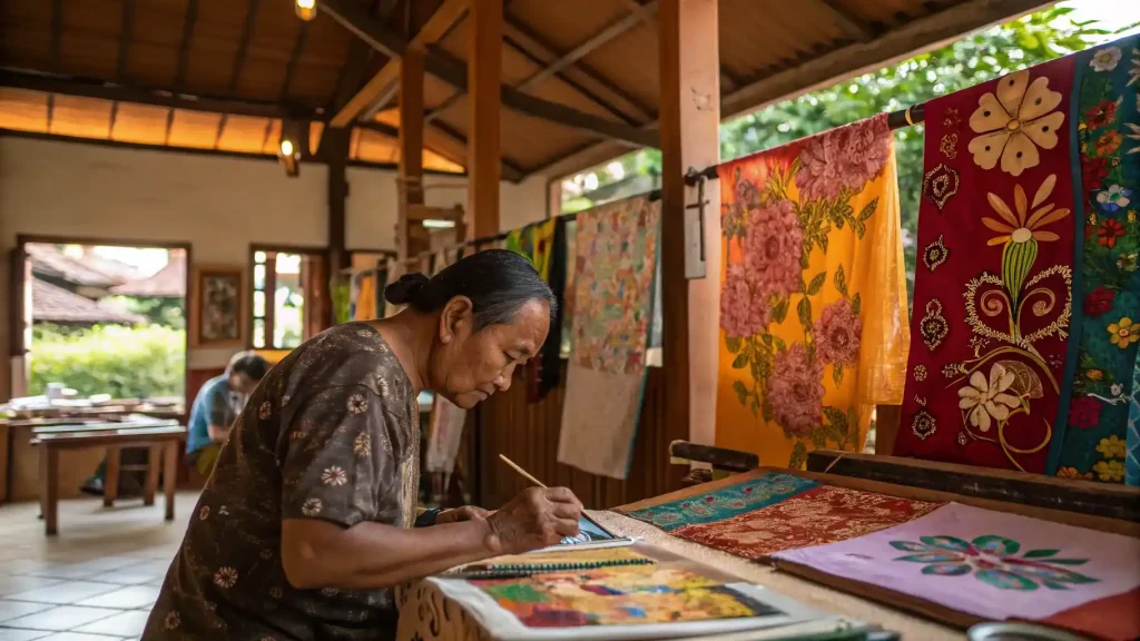 Artisan hand-painting traditional batik in a Bali workshop
