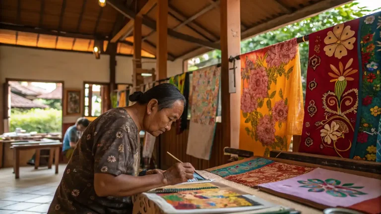Artisan hand-painting traditional batik in a Bali workshop