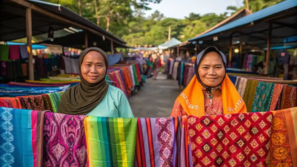 Artisans displaying handwoven textiles at an island market