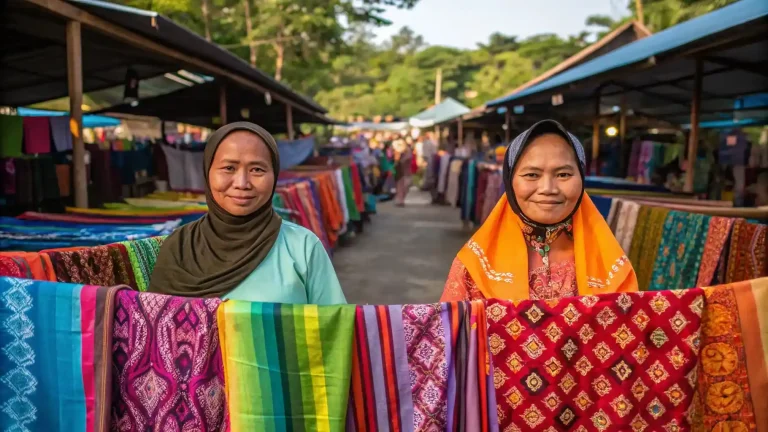 Artisans displaying handwoven textiles at an island market
