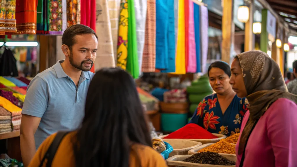 Guide and visitors browsing textiles at a Balinese art market