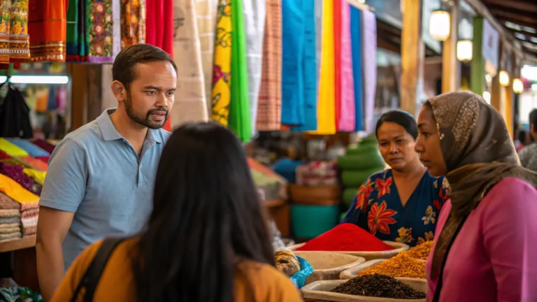 Guide and visitors browsing textiles at a Balinese art market
