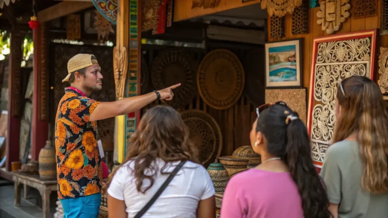 Shoppers browsing carved goods at a Balinese artisan shop