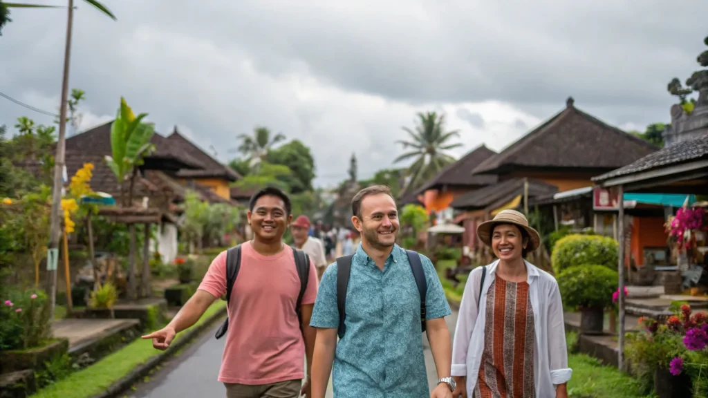 Travellers walking through a Balinese craft village