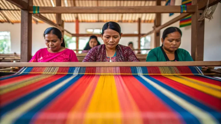 Weavers working traditional looms on a handwoven textile
